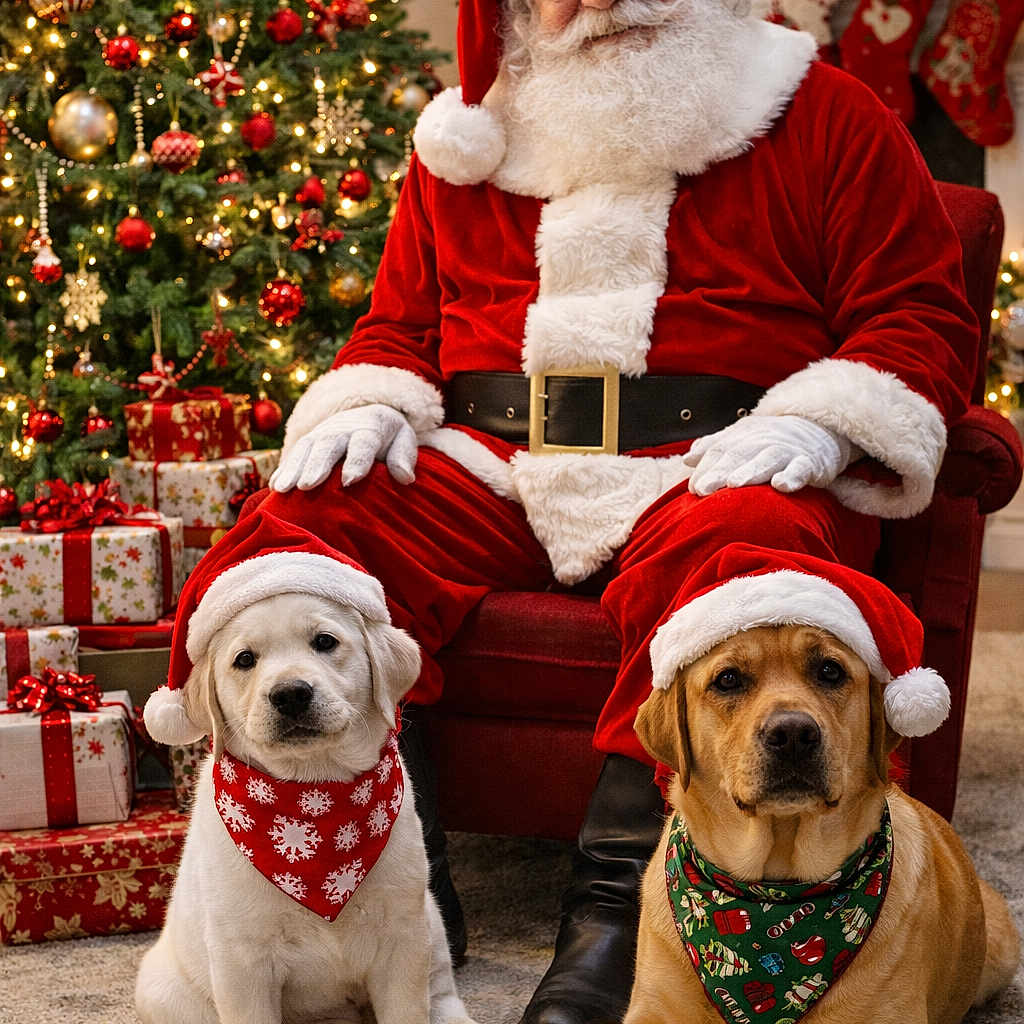 Quilla And Pearl is registered to the contest to win money with this photo: bandana, carpet, christmas_decorations, christmas_tree, cute, dog, festive, fireplace, gift, holiday, holiday_spirit, indoor, pet, puppy, red_hat, santa_claus, seasonal, smiling, stockings, warm