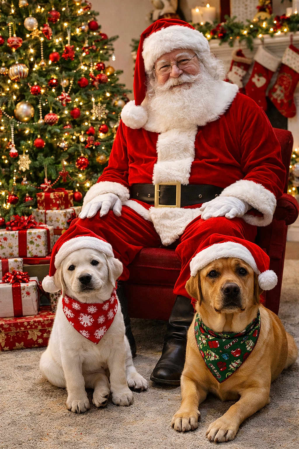 Quilla And Pearl is registered to the contest to win money with this photo: santa_claus, dog, puppy, christmas_tree, holiday, festive, gift, red_hat, bandana, christmas_decorations, fireplace, stockings, carpet, smiling, indoor, holiday_spirit, cute, pet, seasonal, warm