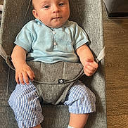 Aron is registered to the contest to win money with this photo: baby, infant, child, baby_seat, blue_shirt, striped_pants, socks, wooden_floor, gray_fabric, indoor, cute, portrait, young_child, seated, comfortable, curious, person, casual_clothing, home_interior, relaxed