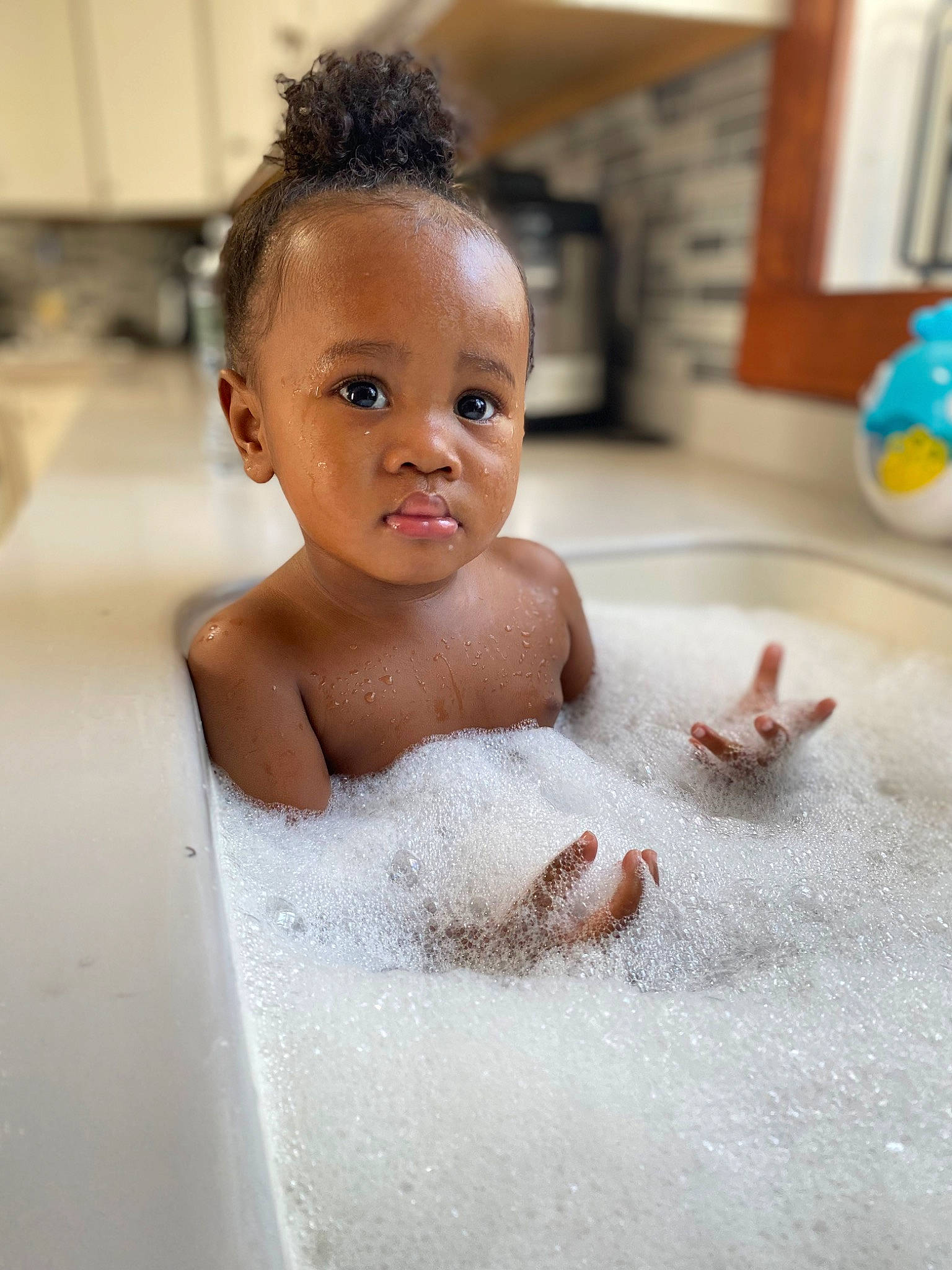 Azriel joined the competition — help win amazing prizes! baby, baby_bathing, bathing, bathroom, bathtub, cheek, ear, eye, eyebrow, eyelash, flooring, fluid, foam, human_body, iris, person, plumbing, plumbing_fixture, skin, toddler