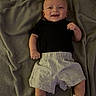 baby, child, infant, smiling, portrait, lying_down, blanket, gray_blanket, black_shirt, shorts, socks, clothing, happy, face, hands, arms, legs, indoors, cozy, photography
