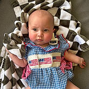 Wren is registered to the contest to win money with this photo: american_flag, baby, baby_bottle, blanket, blue_dress, checkered_blanket, child, close_up, couch, family_photo, indoor, infant, lying_down, pacifier, patriotic_clothing, portrait, red_accents, serious_expression, textile, wide_eyes