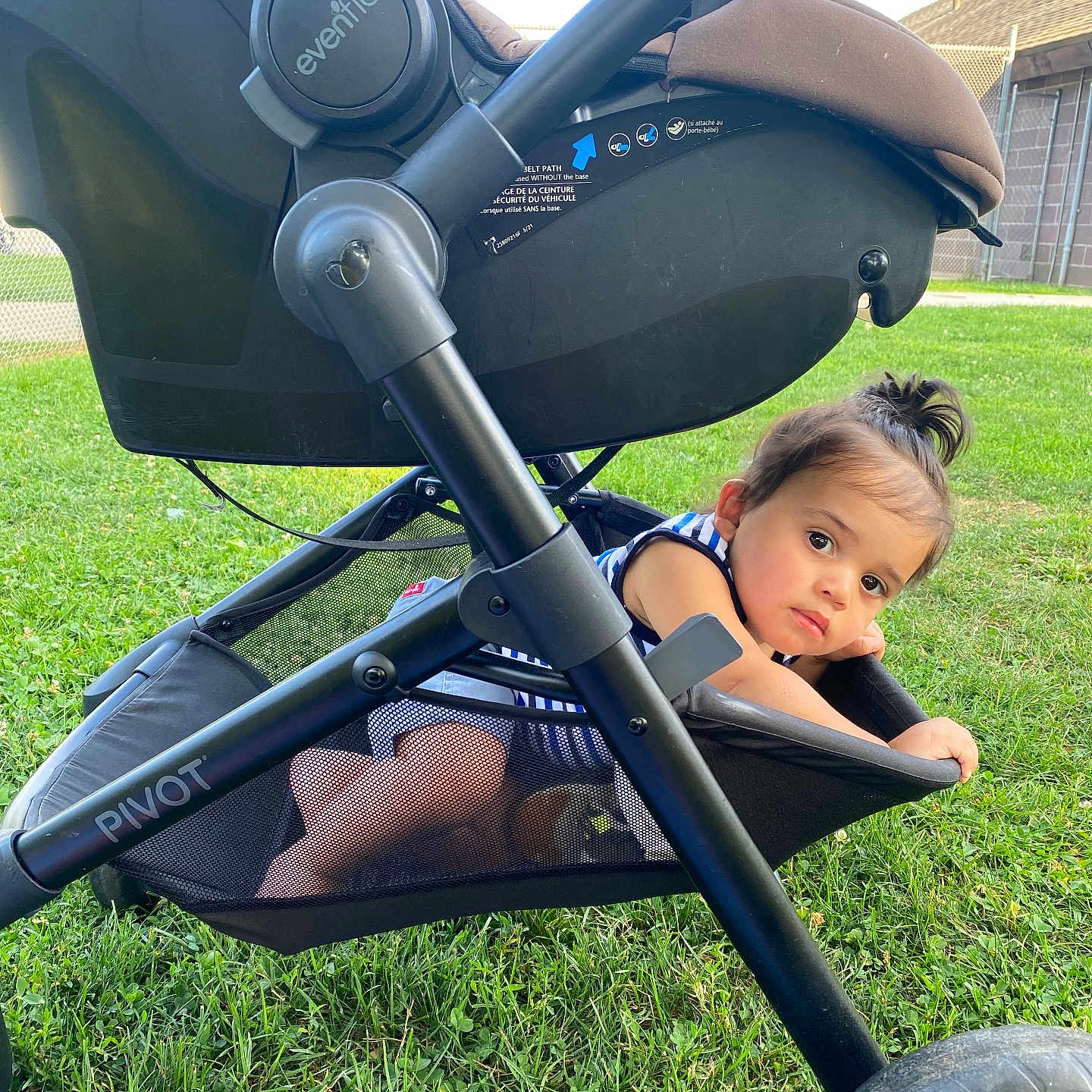 Zyon Levo joined the competition — help win amazing prizes! baby, black_frame, blue_stripes, child, clothing, curious, daytime, face, grass, hair_tie, mesh_basket, outdoor, park, person, playful, resting, stroller, sunlight, toddler, wheel