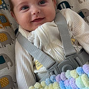 Blake is registered to the contest to win money with this photo: baby, smiling, infant, clothing, harness, blanket, pastel_colors, soft_texture, elephant_pattern, fabric, closeup, face, cute, indoor, comfort, child, person, happy, lying_down, cozy
