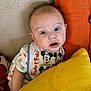 Levon is registered to the contest to win money with this photo: baby, beige_sofa, bib, child, clothing, curious, cute, expression, face, home, indoor, infant, mickey_mouse, orange_cushion, patterned_onesie, person, portrait, seated, surprised, yellow_pillow