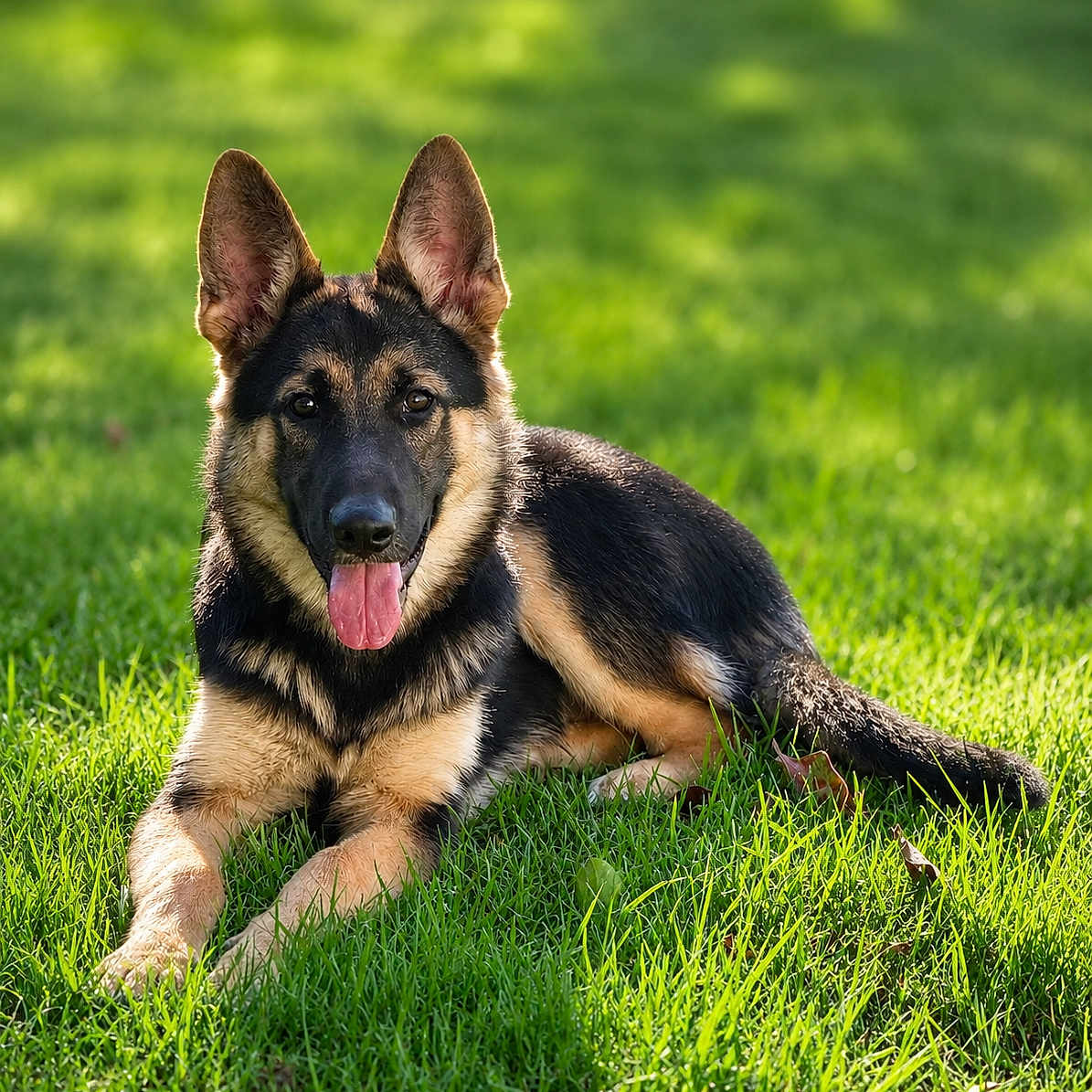 Beaufort is registered to the contest to win money with this photo: german_shepherd, dog, puppy, grass, outdoor, sunlight, tongue_out, pet, animal, canine, ears_up, playful, laying_down, nature, summer, greenery, young_dog, mammal, fur, alert