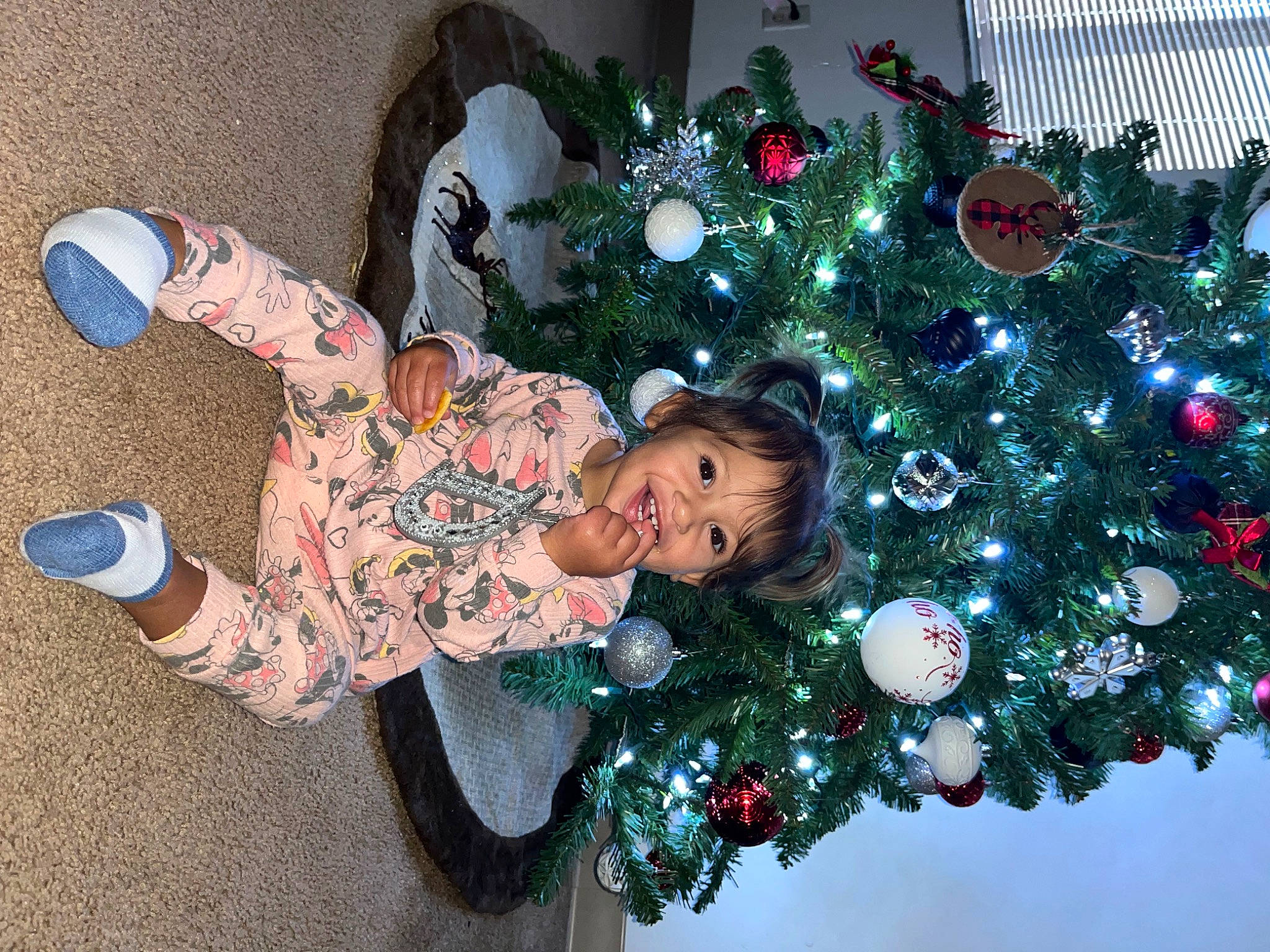 Danielle joined the competition — help win amazing prizes! christmas, christmas_decoration, christmas_eve, christmas_lights, christmas_ornament, christmas_tree, conifer, event, evergreen, happy, holiday, holiday_ornament, interior_design, ornament, person, plant, room, sitting, toddler, tradition