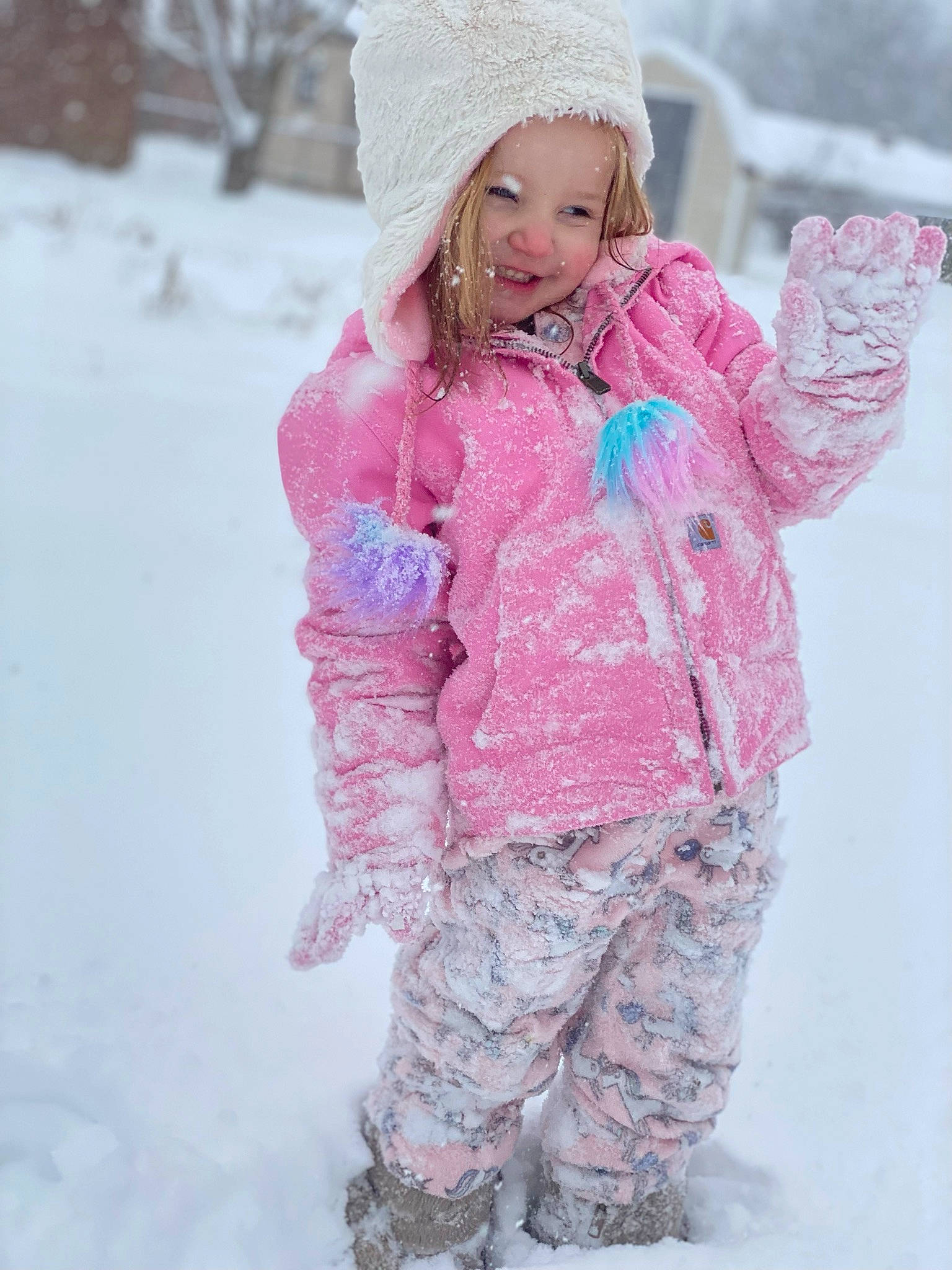 Kensley joined the competition — help win amazing prizes! eye, face, freezing, fun, happy, head, human_body, jacket, outerwear, person, photograph, pink, skin, sleeve, smile, snow, street_fashion, textile, toddler, tree