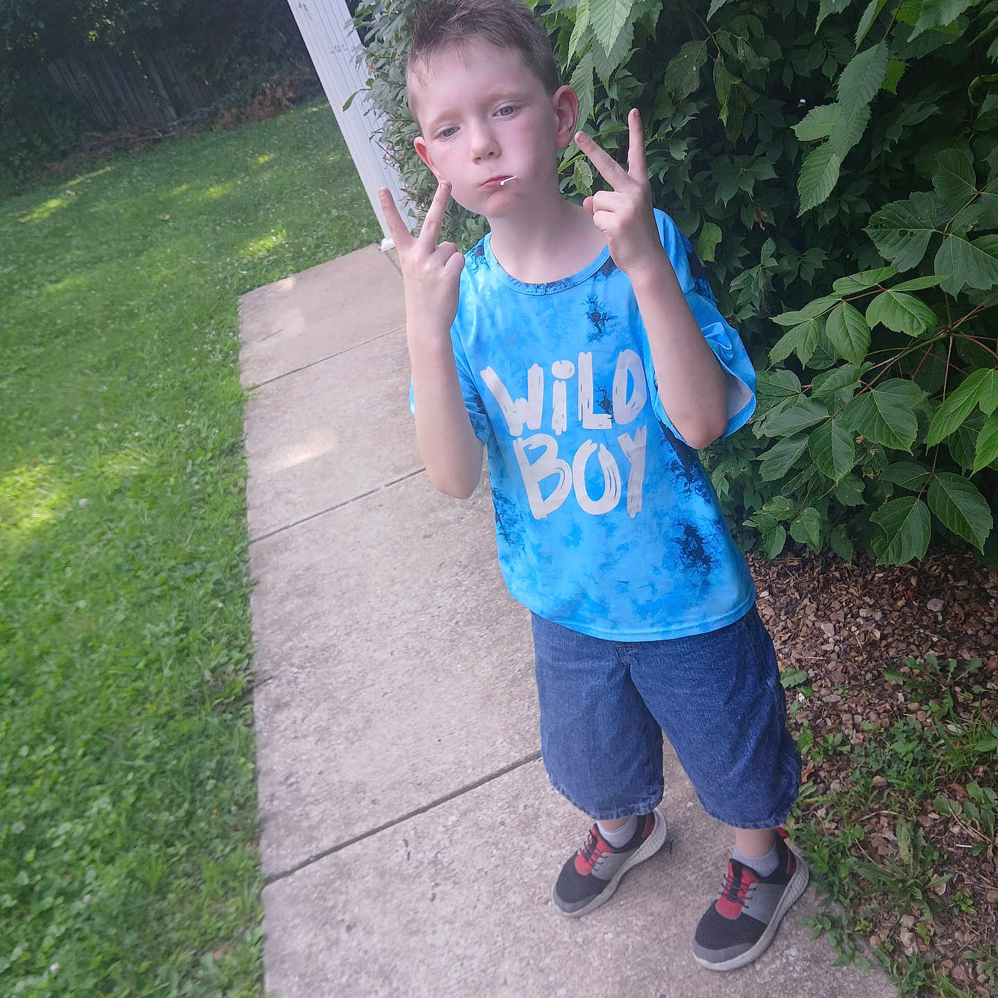 Hunter joined the competition — help win amazing prizes! child, boy, outdoor, garden, backyard, sidewalk, path, greenery, plants, leaves, tree, portrait, standing, peace_sign, smiling, lollipop, blue_shirt, shorts, sneakers, summer