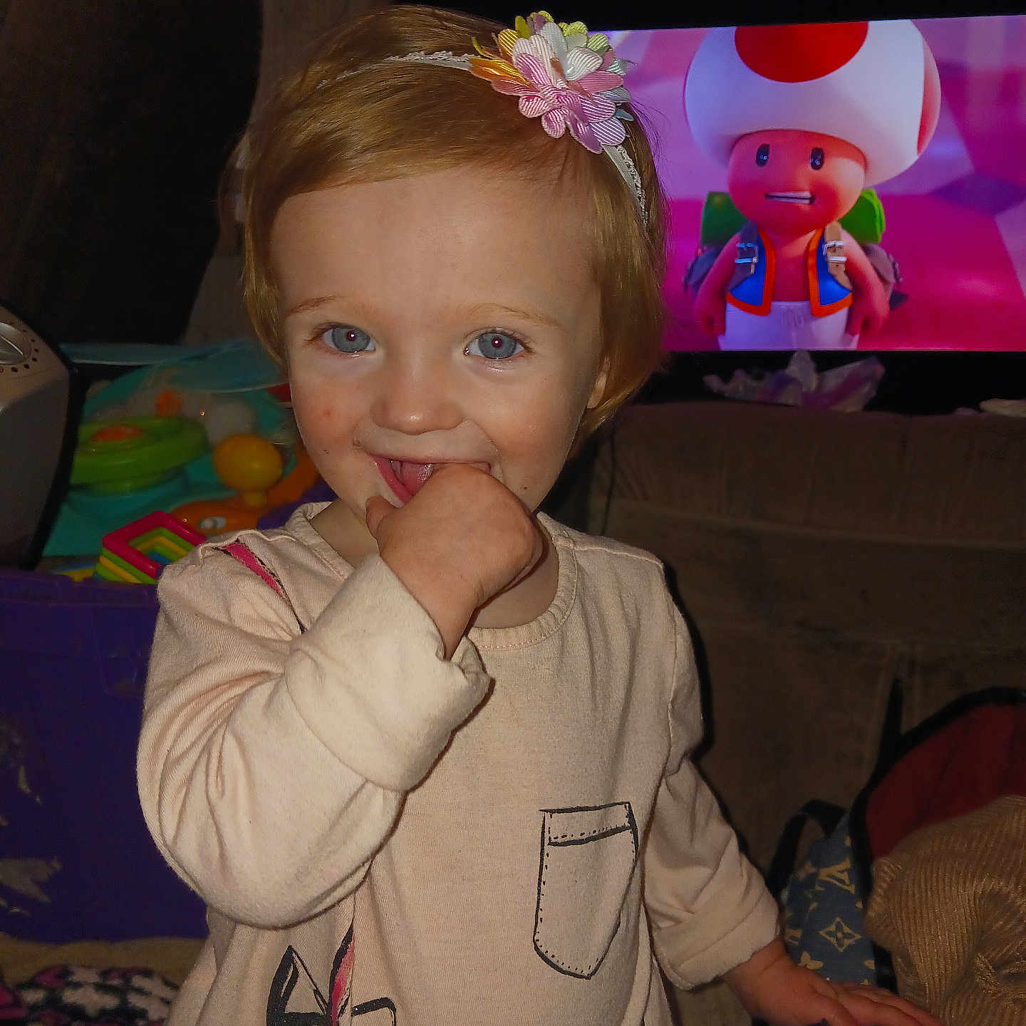 Audrey is registered to the contest to win money with this photo: accessories, baby, bag, bodypart, computerhardware, couch, electronics, face, finger, furniture, hand, handbag, hardware, head, monitor, person, photography, portrait, screen, tv