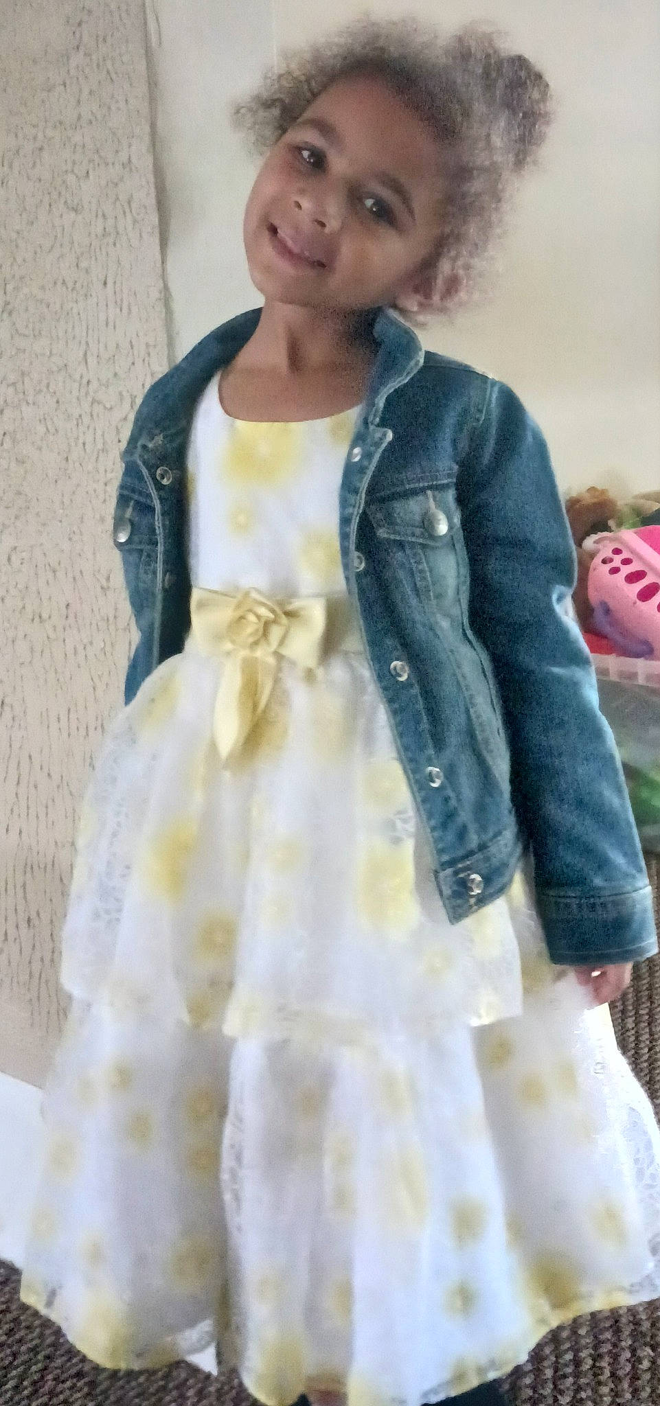 Serenity joined the competition — help win amazing prizes! baby_toddler_clothing, day_dress, denim, dress, embellishment, fashion_accessory, fashion_design, formal_wear, happy, joy, neck, one_piece_garment, pattern, peach, person, shoulder, skin, sleeve, street_fashion, textile