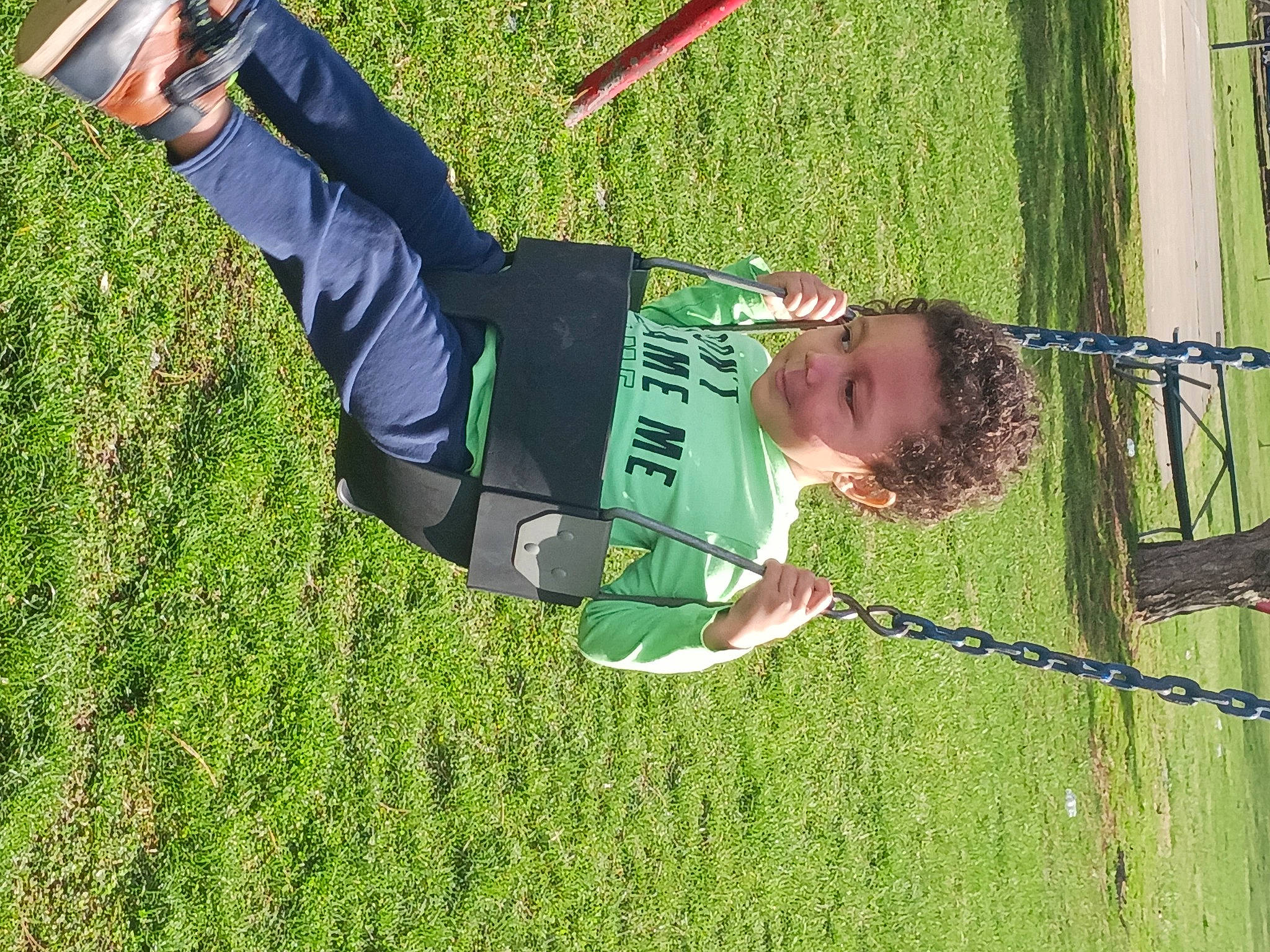 Dezten is registered to the contest to win money with this photo: fun, grass, grassland, happy, lawn, leisure, net, outdoor_play_equipment, people_in_nature, person, plant, play, recreation, shrub, smile, swing, t_shirt, toddler, tree