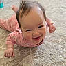 baby, child, smiling, pink_pajamas, carpet, indoor, floor, hair, happy, crawling, person, infant, cute, home, playful, toddler, expression, fun, young, room