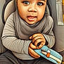 Davontae joined the competition — help win amazing prizes! baby, toddler, child, portrait, close_up, big_eyes, smiling, toy, blue_toy, hands, car_seat, buckle, gray_clothing, stylized_filter, digital_art, indoor, cute, seat_padding, happy, infant