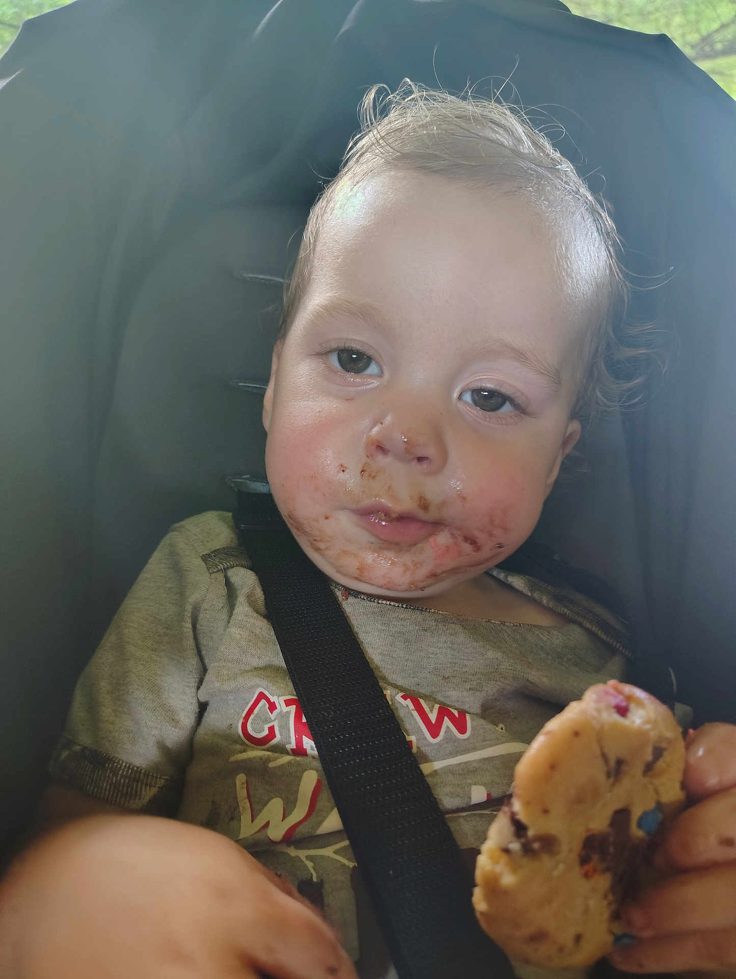 Dylan joined the competition — help win amazing prizes! toddler, child, cookie, messy_face, car_seat, seatbelt, food, snack, clothing, hand, expression, indoor, closeup, young_child, hair, face, person, casual, eating, cute