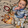 baby, child, milestone_blanket, striped_clothing, sitting, curious, hand_in_mouth, animal_illustrations, monkey, giraffe, elephant, plush, floor, indoor, cute, portrait, young_child, knitted_sweater, patterned_leggings, colorful