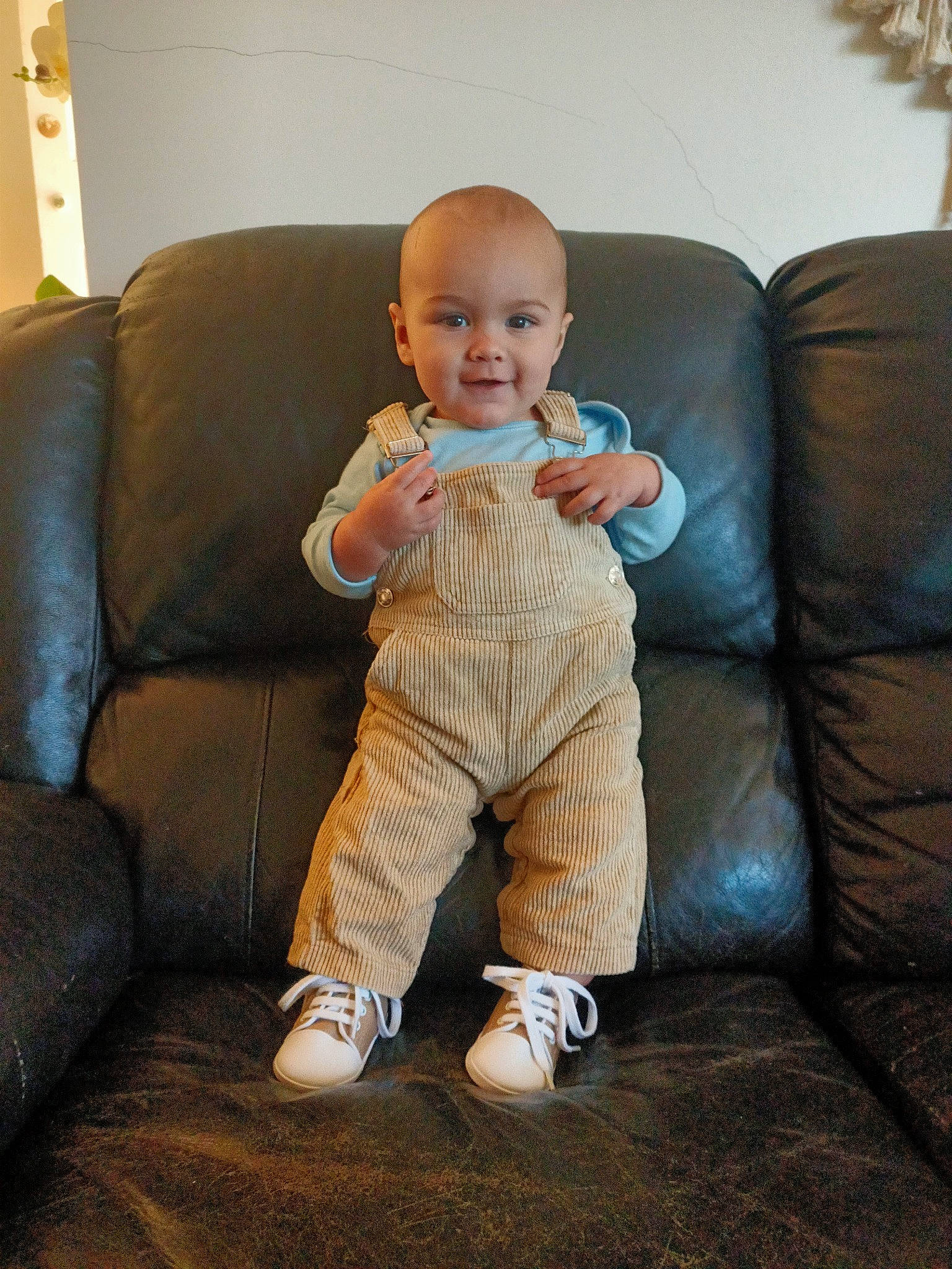 Archer joined the competition — help win amazing prizes! arm, baby, baby_toddler_clothing, cheek, comfort, couch, eye, face, flooring, head, human_leg, living_room, person, product, sitting, skin, sleeve, smile, thumb, toddler