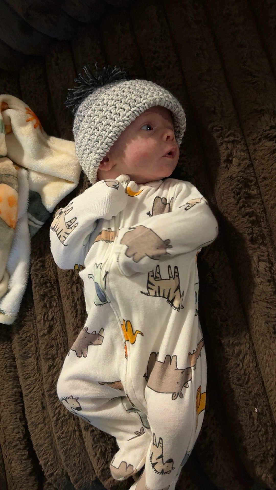 Ryker joined the competition — help win amazing prizes! baby, infant, knitted_hat, onesie, animal_print, blanket, fleece_blanket, brown_blanket, lying_down, cute, soft_texture, pom_pom, sleepwear, child, newborn, portrait, indoor, warm, cozy, curious