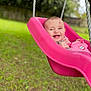 baby, child, swing, pink, outdoor, grass, greenery, happy, smiling, playground, infant, seat, rope, nature, fun, portrait, cute, young, joyful, babywearing