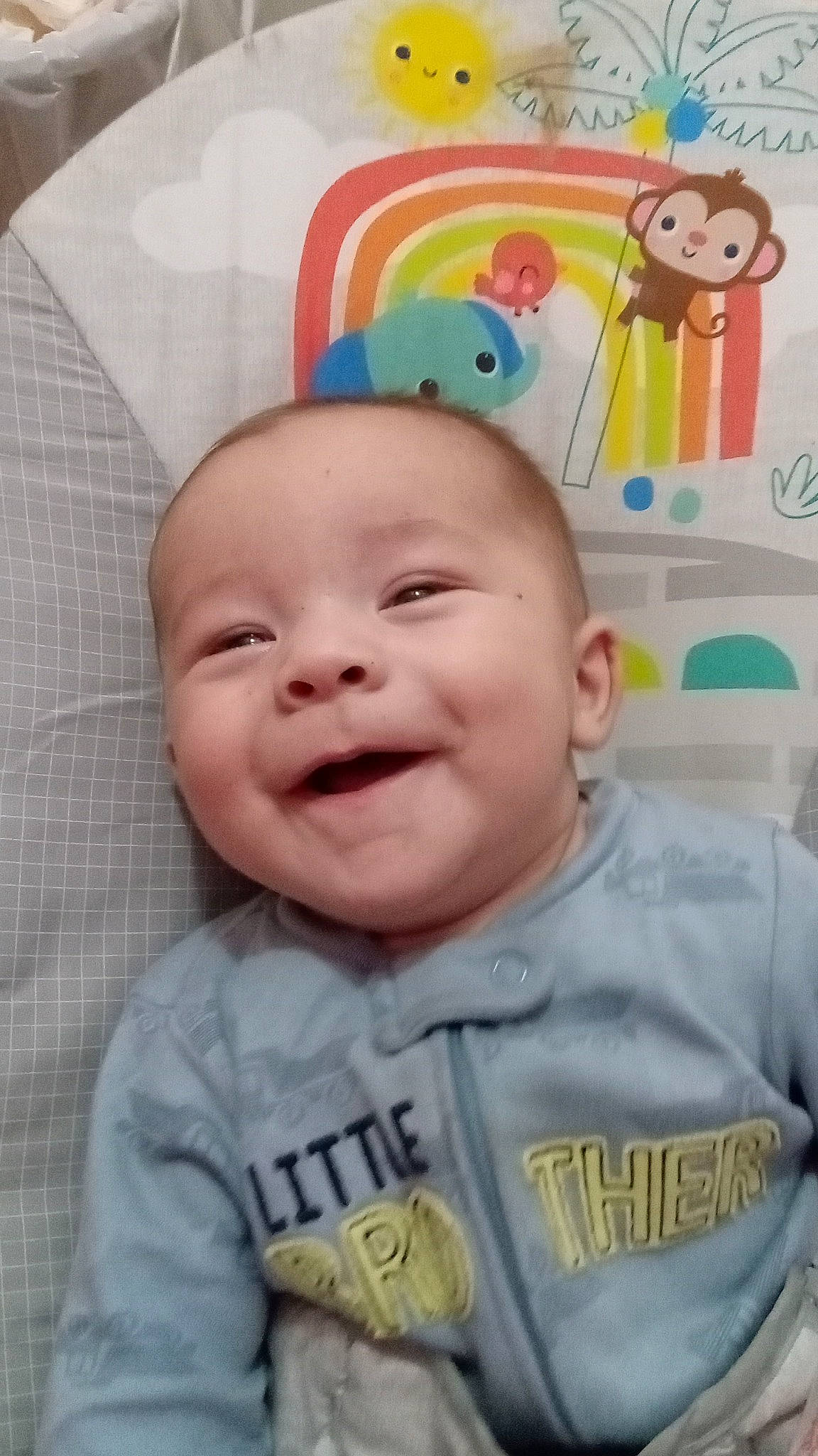 Frank Smith is registered to the contest to win money with this photo: art, baby, baby_laughing, baby_making_funny_faces, baby_products, baby_toddler_clothing, cheek, child, fun, happy, laugh, mammal, nose, person, product, room, sleeve, smile, t_shirt, textile