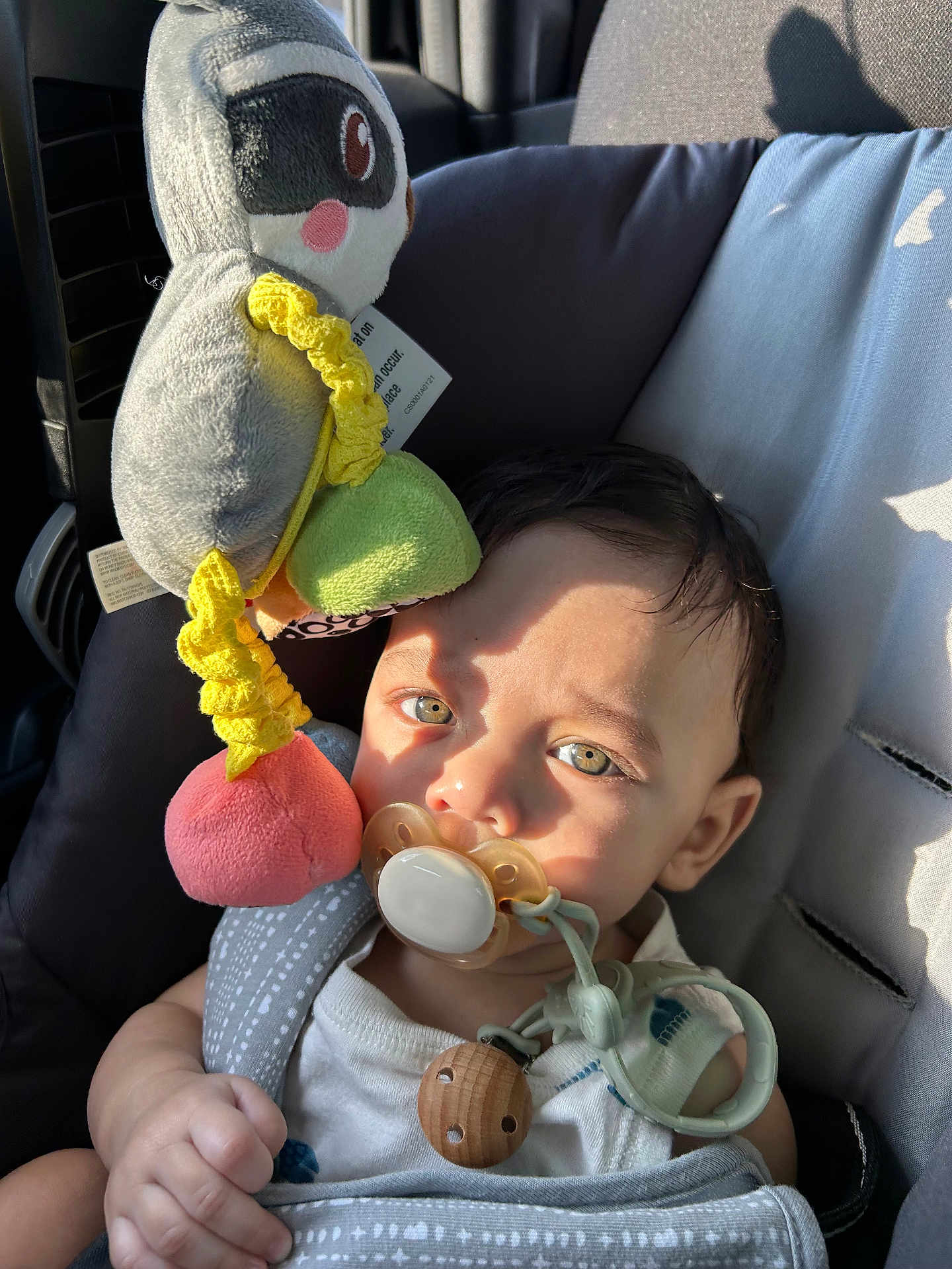 Noah is registered to the contest to win money with this photo: baby, pacifier, car_seat, toy, stuffed_animal, child, infant, sunlight, shadow, seatbelt, cute, toddler, closeup, face, hand, clothing, indoor, comfort, relaxation, childcare