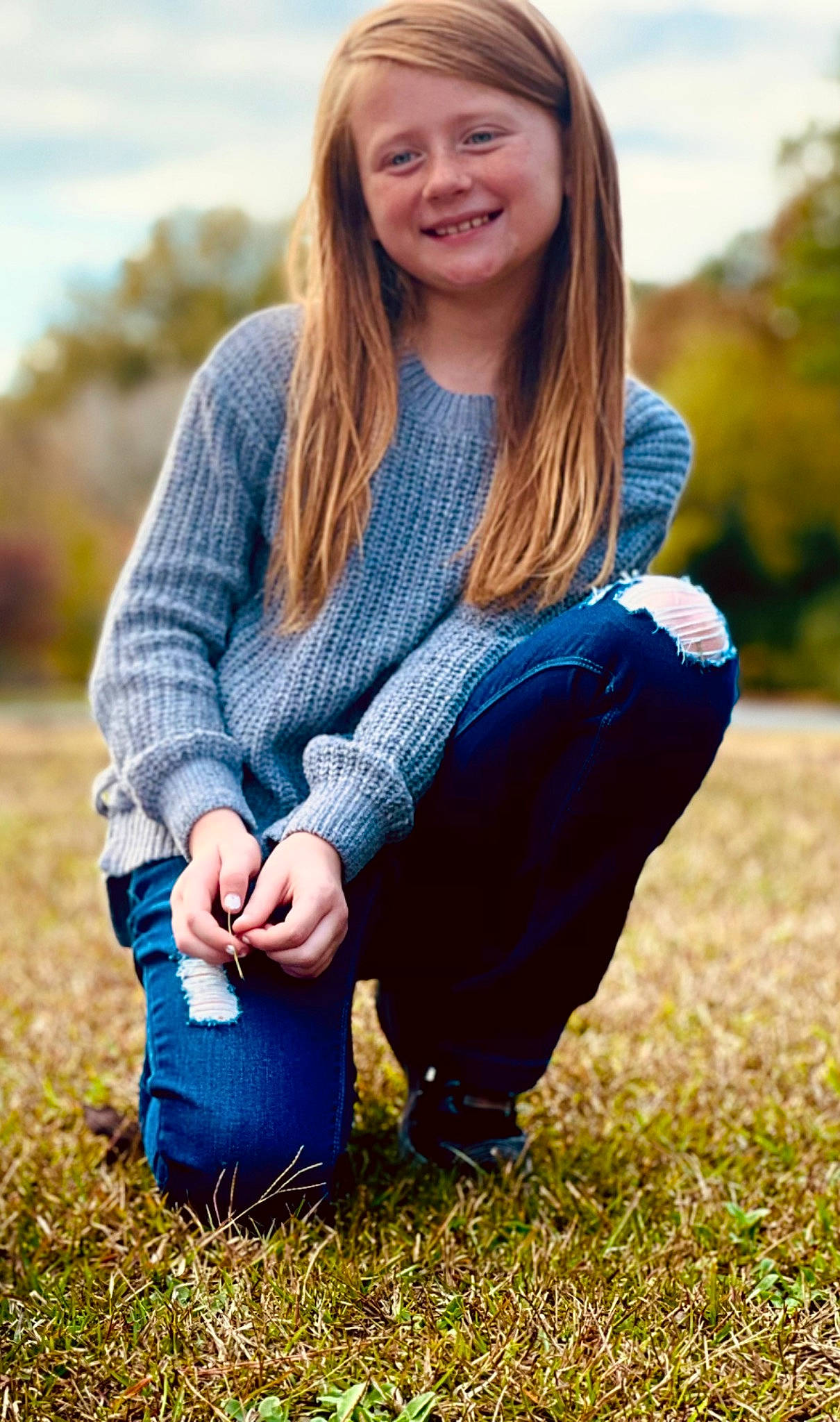 Karsyn joined the competition — help win amazing prizes! blond, clothing, denim, electric_blue, flash_photography, grass, hair, happy, jeans, joy, knee, long_hair, people, people_in_nature, person, plaid, shoe, smile, tartan, textile