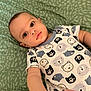 baby, infant, onesie, bear_pattern, green_blanket, lying_down, curious_expression, child, cute, soft_lighting, indoors, portrait, small_hand, closeup, young_child, face, head, skin, sleepwear, patterned_clothing