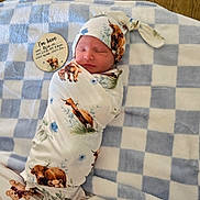 Elijah is registered to the contest to win money with this photo: baby, newborn, infant, swaddle, hat, sleeping, blanket, checkered_blanket, wood_floor, milestone_card, animal_print, cow_pattern, teddy_bear, cozy, portrait, nursery, soft_texture, peaceful, adorable, cute