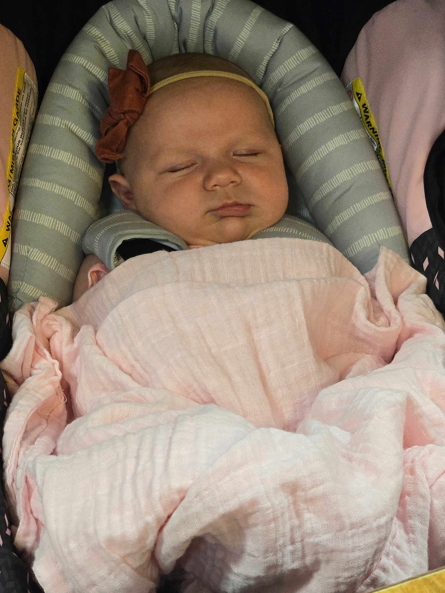 Hope joined the competition — help win amazing prizes! baby, sleeping, blanket, car_seat, headband, bow, infant, child, peaceful, soft, pink, striped, closeup, portrait, resting, cute, adorable, cozy, wrapped, young