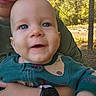 Luka joined the competition — help win amazing prizes! baby, infant, child, smiling, face, portrait, outdoor, nature, forest, trees, held, adult, parent, blue_eyes, green_clothing, long_sleeves, watch, close_up, sunlight, happy