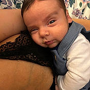 Enzo joined the competition — help win amazing prizes! baby, infant, child, sleepy, face, closeup, blue_clothing, lace, patterned_background, floral, skin, arm, person, resting, cute, indoors, portrait, baby_outfit, snuggle, cozy