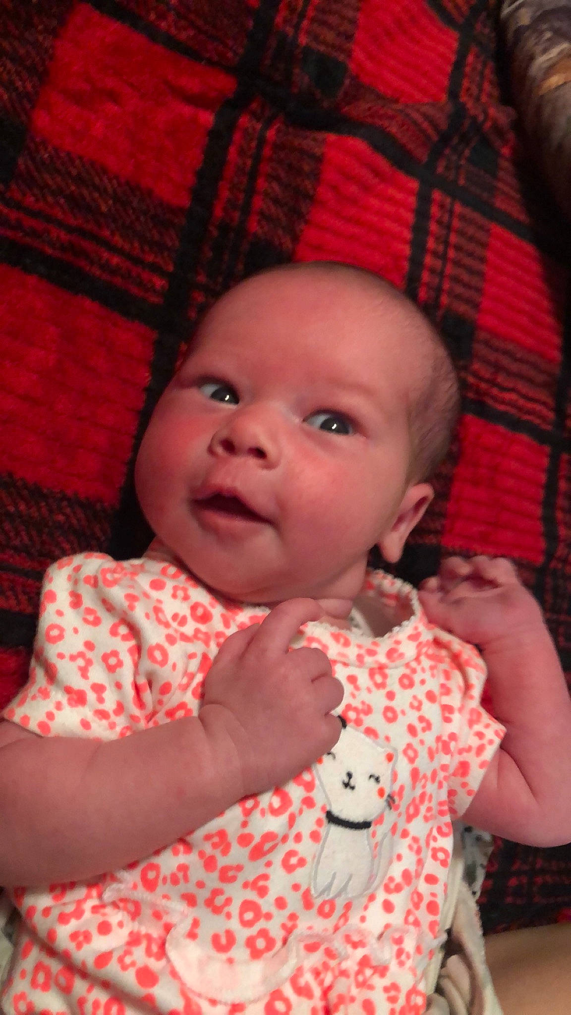 Kenley joined the competition — help win amazing prizes! baby, beauty, cheek, child, design, eye, face, head, iris, lip, mouth, nose, pattern, person, pink, plaid, red, skin, smile, textile