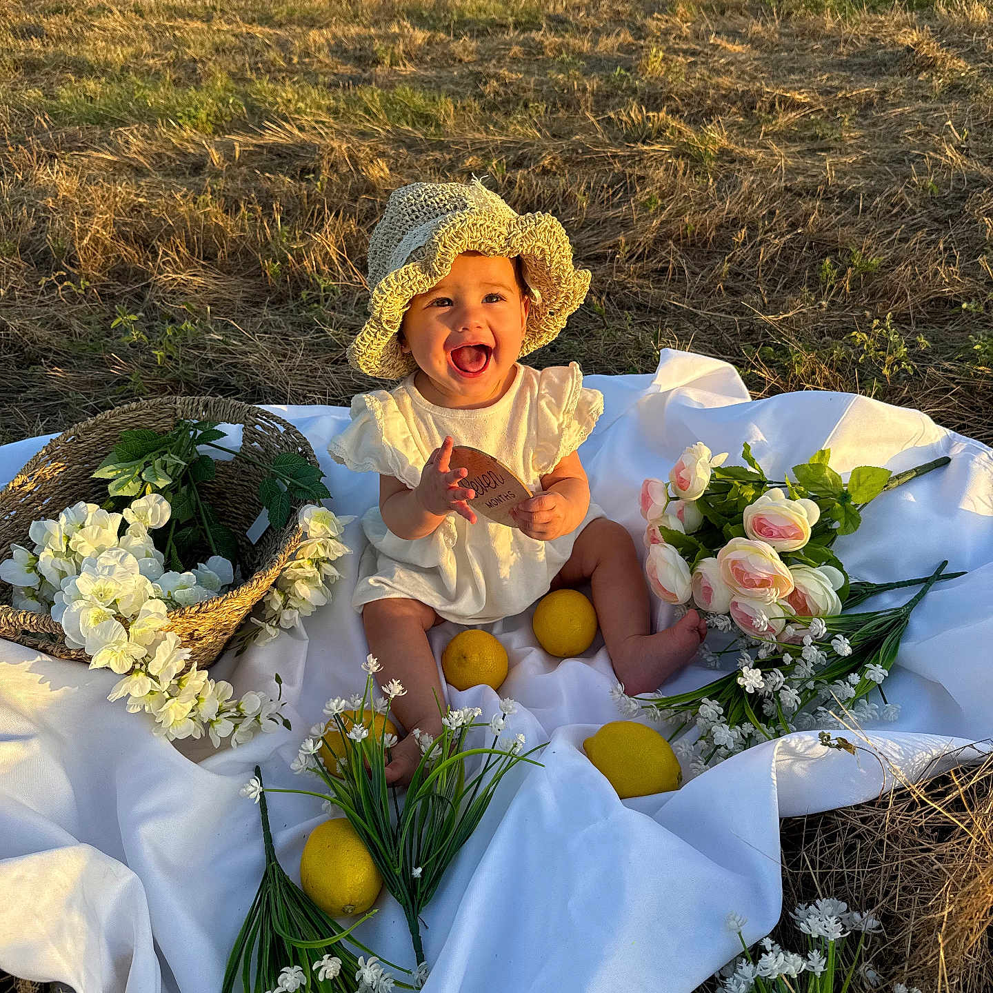 Sophia joined the competition — help win amazing prizes! baby, basket, child, cute, field, flowers, grass, happy, hat, lemons, nature, outdoor, playful, portrait, sitting, smiling, summer, sunlight, toy, white_cloth