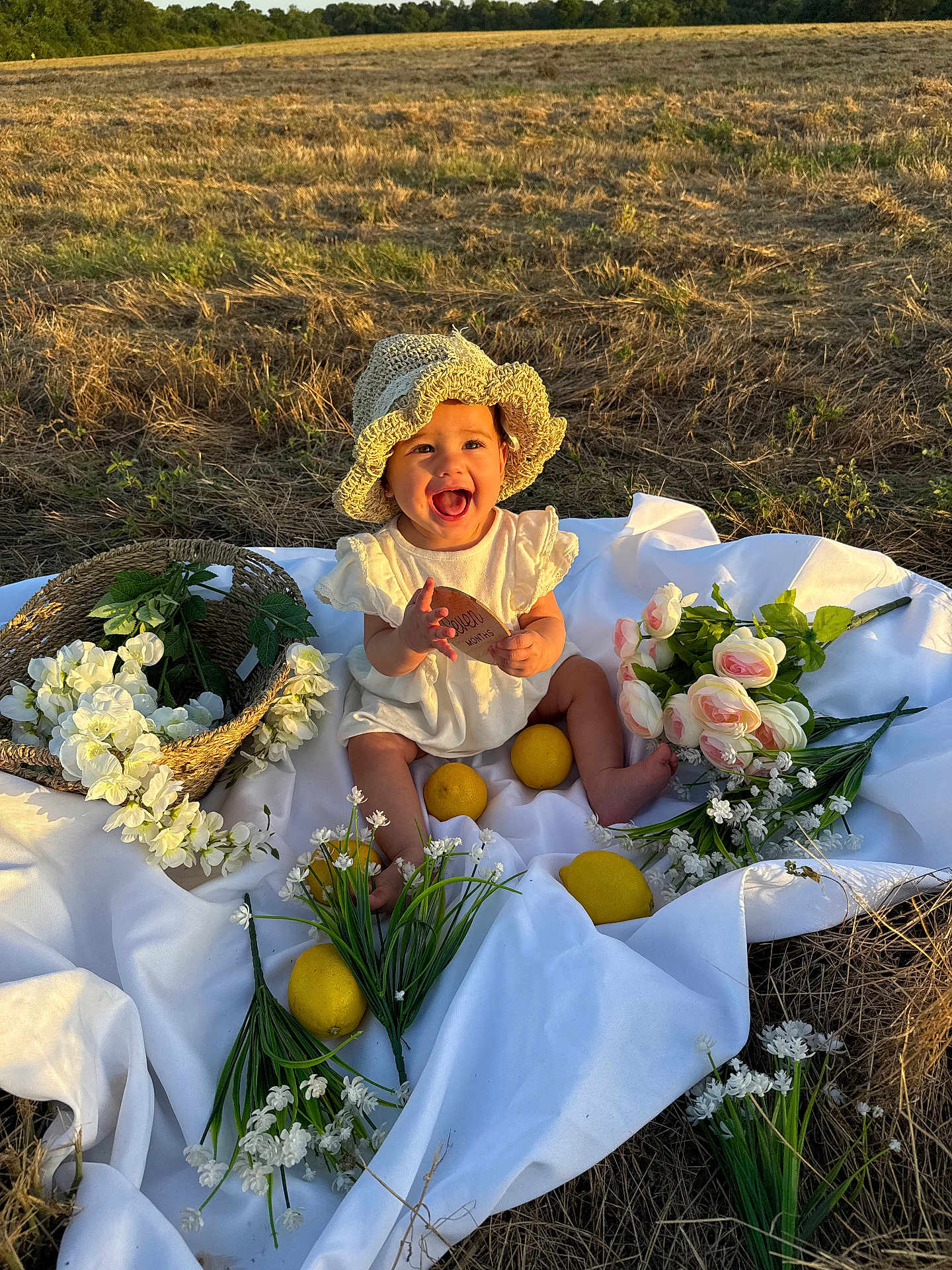 Sophia joined the competition — help win amazing prizes! baby, child, hat, smiling, grass, lemons, flowers, basket, white_cloth, field, outdoor, sunlight, nature, happy, sitting, cute, summer, playful, portrait, toy