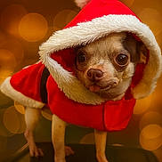 Bounty a rejoint le concours — aidez-le/la à gagner de superbes lots ! dog, chihuahua, christmas, holiday, santa_costume, hoodie, pet, cute, small_dog, bokeh, festive, animal, portrait, warm_lighting, indoor, costume, fur, tongue_out, brown_eyes, standing
