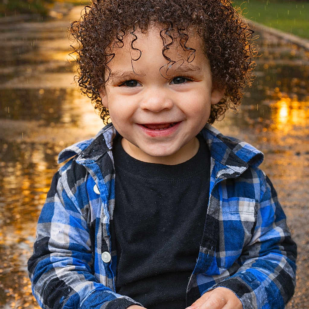 Jakarii is registered to the contest to win money with this photo: autumn_leaves, blue_shirt, child, curly_hair, cute, daylight, fall, happy, nature, outdoor, person, plaid_shirt, playing, portrait, rain, seasonal, smiling, sunset, toddler, wet_path