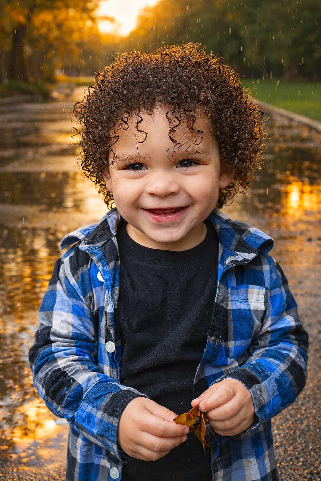 Jakarii is registered to the contest to win money with this photo: autumn_leaves, blue_shirt, child, curly_hair, cute, daylight, fall, happy, nature, outdoor, person, plaid_shirt, playing, portrait, rain, seasonal, smiling, sunset, toddler, wet_path