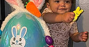 Soraya joined the competition — help win amazing prizes! baby, bunny_ears, carrot, celebration, chair, child, colorful, cute, decorations, easter_egg, happy, holiday, indoor, pajamas, person, playful, plush, smiling, toddler, toy