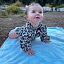 Zaylee joined the competition — help win amazing prizes! baby, infant, crawling, leopard_print, blue_blanket, outdoors, forest, pine_trees, rocks, dirt_ground, smiling, hands, cheeks, bow, onesie, eyes, nature, toddler, portrait, playful
