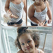 Khloe joined the competition — help win amazing prizes! child, girl, curly_hair, white_tank_top, black_shorts, doll, playing, funny_faces, portrait, indoor, window, mesh_screen, smiling, cute, young_child, three_frames, casual_clothing, light, happy, posing