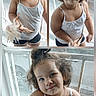 child, girl, curly_hair, white_tank_top, black_shorts, doll, playing, funny_faces, portrait, indoor, window, mesh_screen, smiling, cute, young_child, three_frames, casual_clothing, light, happy, posing