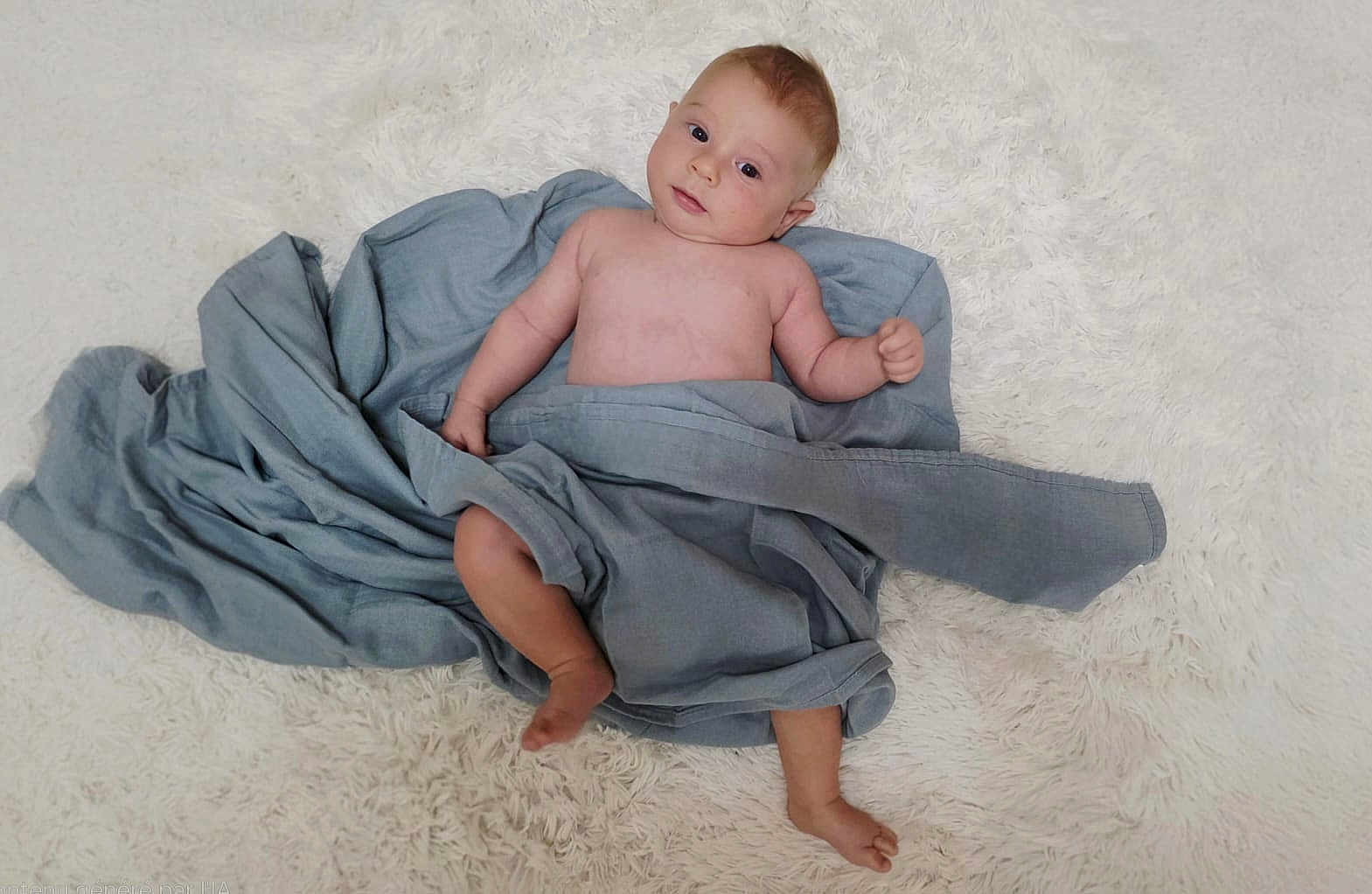 Wyatt participe au concours pour gagner de l'argent avec cette photo : baby, infant, child, blue_cloth, blanket, bare_chest, lying_down, white_background, soft_texture, cute, portrait, skin, legs, arms, head, face, eyes, expression, indoors, calm