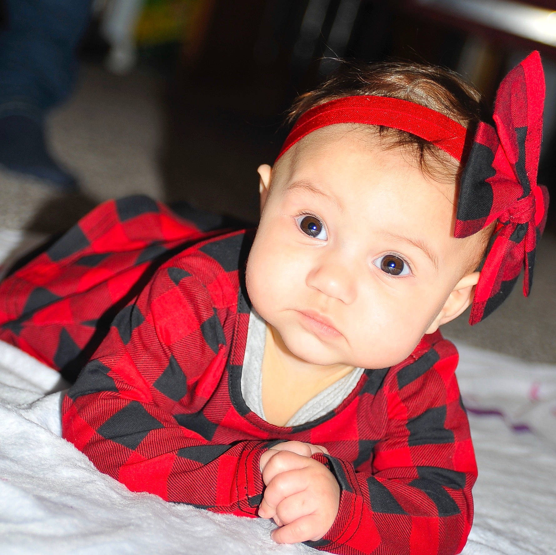 Daniela joined the competition — help win amazing prizes! baby, baby_toddler_clothing, carmine, cheek, child, comfort, hair_accessory, headband, headpiece, iris, lip, nose, pattern, person, plaid, portrait_photography, red, skin, tartan, textile