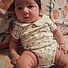 Briella joined the competition — help win amazing prizes! baby, child, infant, cute, sitting, floral_pattern, onesie, collar, chubby, skin, face, hand, leg, indoors, soft_texture, background, curious, dark_hair, plush, comfortable
