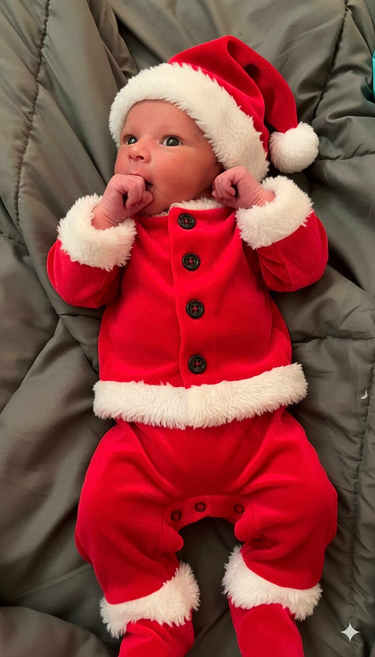 Remington joined the competition — help win amazing prizes! baby, infant, child, santa_outfit, red_clothing, white_fur_trim, hat, blanket, lying_down, cute, holiday, christmas, festive, portrait, face, hands, buttoned_jacket, footed_pants, indoors, cozy