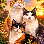 Gmc participe au concours pour gagner de l'argent avec cette photo : animal, black_and_white_cat, calico_cat, cat, eyes, feline, flowers, fur, garden, nature, orange_cat, outdoor, pet, plants, portrait, relaxing, sunlight, sunset, three_animals, whiskers