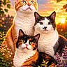 cat, orange_cat, calico_cat, black_and_white_cat, sunset, flowers, plants, outdoor, nature, garden, animal, pet, feline, portrait, fur, whiskers, eyes, relaxing, three_animals, sunlight
