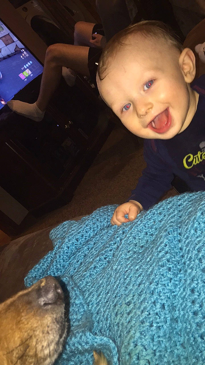 Jasper is registered to the contest to win money with this photo: adaptation, baby, cheek, child, eye, face, fawn, fun, head, joy, knitting, leg, nose, person, toddler