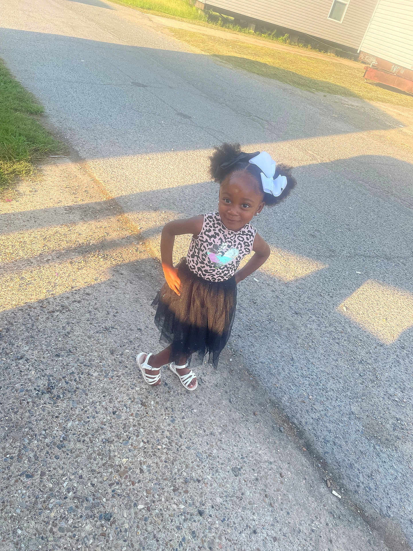 Wynter is registered to the contest to win money with this photo: child, girl, standing, posing, outdoor, sunlight, shadow, hair_bow, dress, skirt, sandal, concrete, driveway, leopard_print, smile, happy, fashion, cute, portrait, person