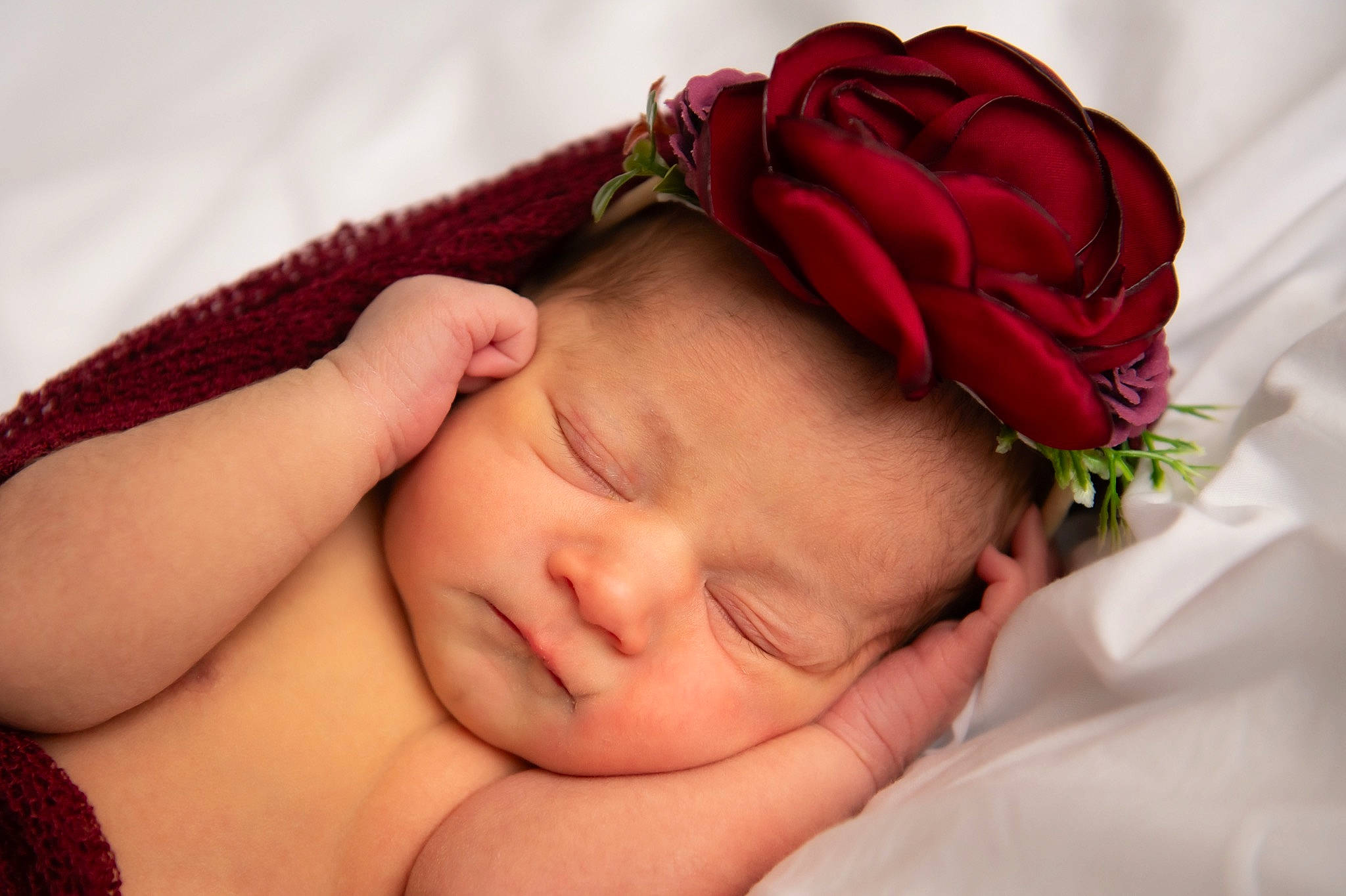 Saraya joined the competition — help win amazing prizes! artificial_flower, baby, baby_sleeping, child, close_up, comfort, cut_flowers, fashion_accessory, flower, hand, happy, headgear, headpiece, linens, lip, person, petal, rose, skin, textile